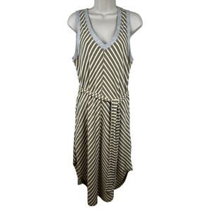 Voy Midi Dress Striped Belted Pockets V-Neck Coastal Nautical Olive Cream Small